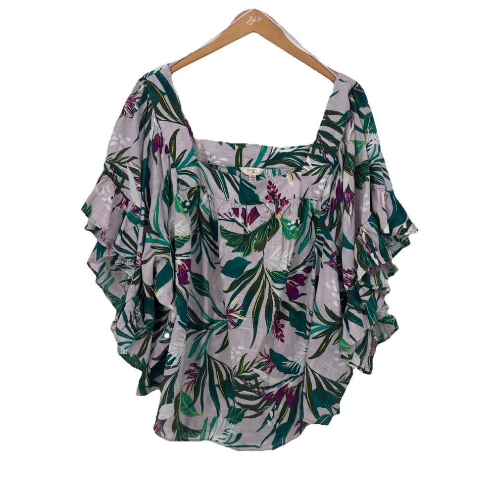 Terra & Sky 3XlTropical Floral Flutter Sleeve Square Neck Peasant Top Resort
